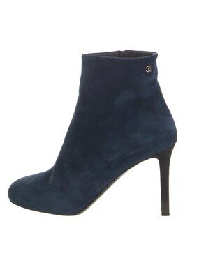 CHANEL Blue Suede CC Logo Ankle Heeled Booties